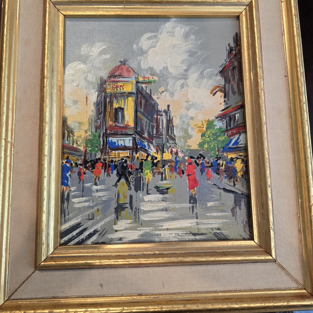 Paris Street Market Scene Oil Art Print in Gold Frame - Multicolor